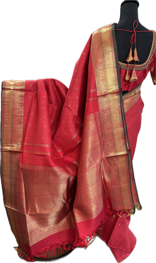 Pure kanchi red small checks butta kanjivaram silk saree with prestitched blouse