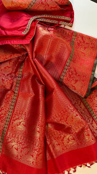 Ven pattu saree White Cream and Red  pure zari kanjivaram silk saree with prestitched blouse embroidered blouse