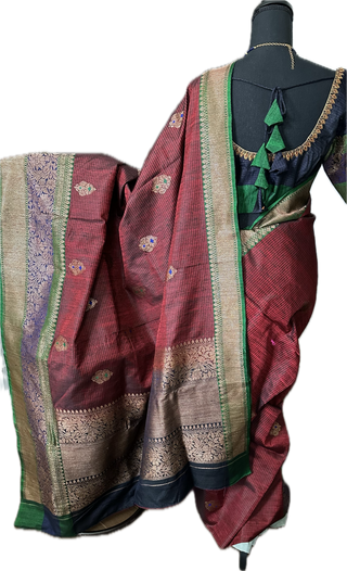 Maroon Tussar Beneras Katan saree with prestitched blouse