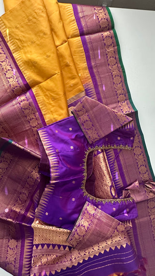 Yellow checks Gadwal handwoven silk saree with stitched blouse