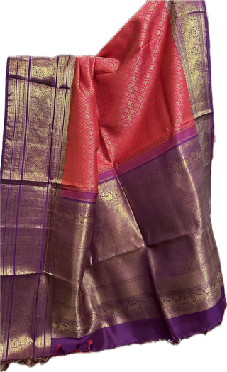 Pinkish Red Brocade kanjivaram silver zari with stitched blouse