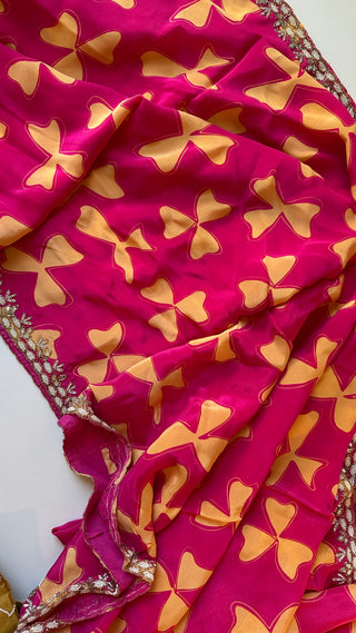 Pink Satin crepe silk saree with stitched blouse