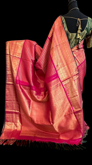 pinkish red pure kanchi pattu saree online usa pure kanjivaram silk saree online Indian wedding saree usa pure wedding muhurtam look silk saree red kanchi pattu pink kanjivaram silk saree with stitched blouse contrast blouse online usa 