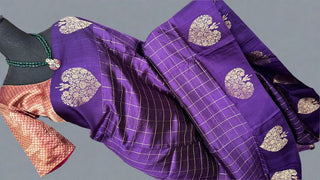 Benerasi Purple Katan silk saree online shopping with prestitched blouse