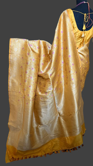 yellow katan benerasi silk saree online usa with stitched blouse indian wedding