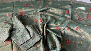 Tissue Green Organza soft weave printed embroidered silk embroidered with stitched blouse