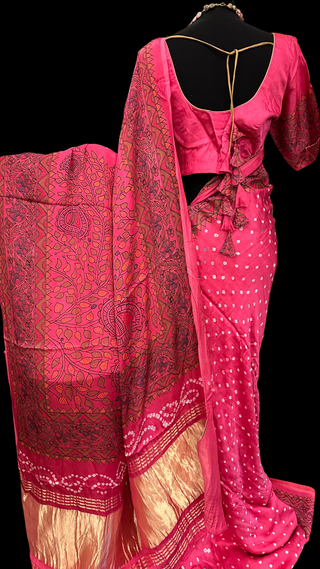 Pink Kalamkari gajji Satin crepe silk saree with stitched blouse embroidered gotta borders