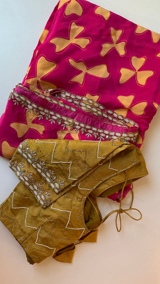 Pink Satin crepe silk saree with stitched blouse