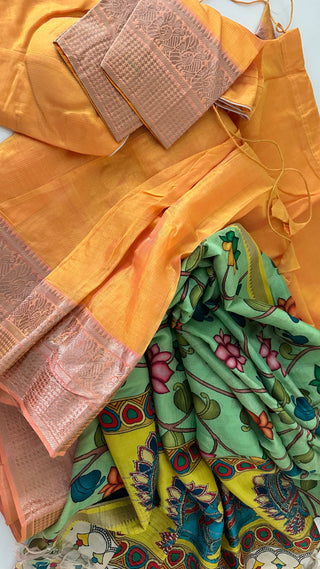 Yellow Pure Mangalagiri Silk Cotton Lehenga with pen kalamkari  Dupatta