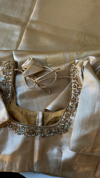 Gold semi fine silk saree bridal with prestitched hand embroidered blouse