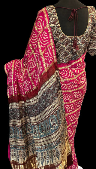 Pink bandhani saree ajarakh pallu bandini Gajji silk with blouse online