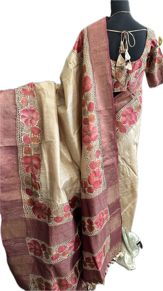 Pure Tussar cut work hand painted embroidered  tussar saree online usa with stitched blouse