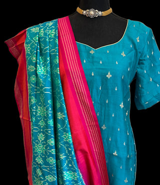 Beneras  teal pure silk salwar set with silk dupatta online shopping usa