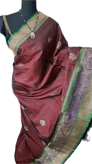 Maroon Tussar Beneras Katan saree with prestitched blouse