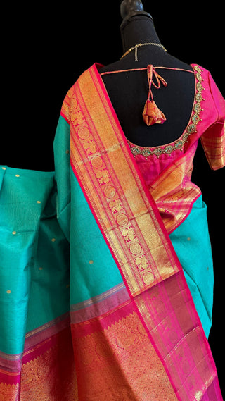 Teal Reddish Pink Vaira oosi kanchi pattu saree fine weave kanchi pattu bridal