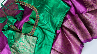 Purple Tussar beneras  Katan silk saree online shopping with prestitched blouse