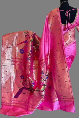 Pure paithani silk saree light pastel pink with half over zari designs parrot paithani pure zari online usa with stitched blouse online sale shopping indian saree wedding telugu bride pelli saree muhurtam fine silk handwoven saree