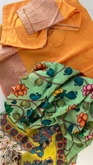 Yellow Pure Mangalagiri Silk Cotton Lehenga with pen kalamkari  Dupatta