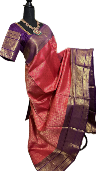 Pinkish Red Brocade kanjivaram silver zari with stitched blouse