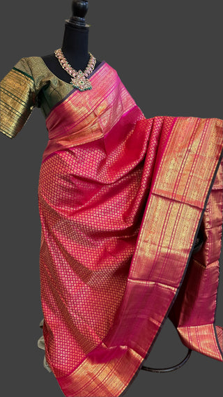 Pinkish RED brocade bridal kanchi pattu saree with Bottle green blouse  online usa