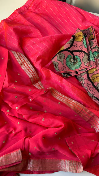 Pink Pure Mangalagiri Silk Cotton Lehenga hand painted kalamkari blouse with Dupatta