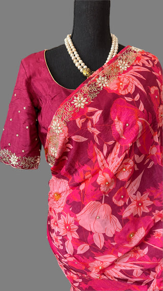 Pink Satin crepe silk saree with stitched  blouse