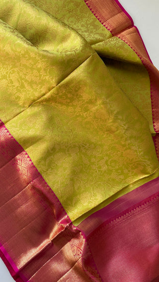 Pure fine weave green kanchi with pink KANJIVARAM SAREE brocade  vanasingaram with Hand embroidered blouse