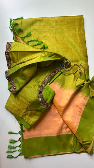 Peach kanchi pattu saree pure handwoven korvai plain pattu kanjivaram saree usa with stitched blouse online usa shopping sale latest peach pattu saree 