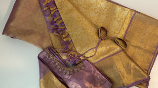 Gold lavender tissue kanjivaram silk saree with contrast blouse online shopping usa