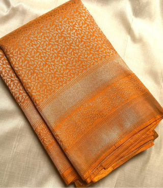 Brocade orange kanchi pattu saree Pure silver zari  kanjivaram silk saree with prestitched blouse border