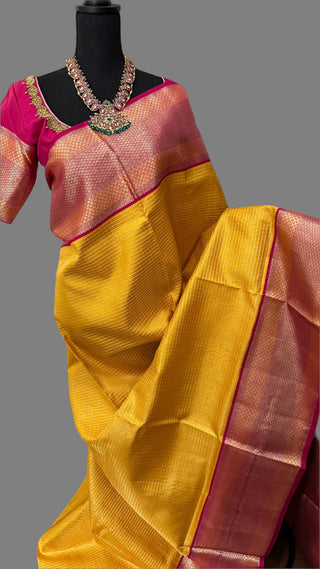 yellow pink silver zari brocade pure silk kanchi pattu handwoven 