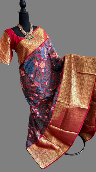 Pure pen kalamkari maroon  pure kanchi pattu saree pen kalamkari saree with blouse online usa