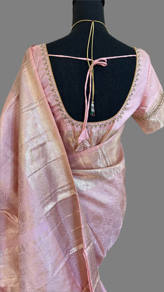 Brocade kanjivaram pastel peach gold zari with stitched blouse.