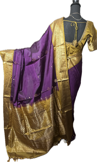 Purple goldzari pure soft silk saree online usa with stitched embroidered blouse online usa