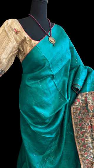 Tussar silk with hand painted madhubani pallu silk blouse online usa