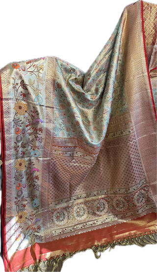 Meenkari pure silk saree silver zari online usa with stitched blouse