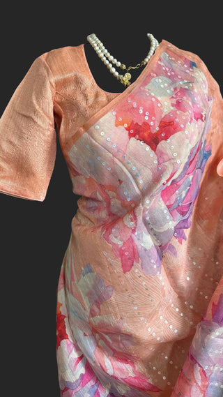 Pastel floral organza saree online usa stitched blouse party wear saree light weight saree online usa 