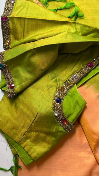 Peach green Pure kanjivaram silk saree with hand embroidered gemstone blouses