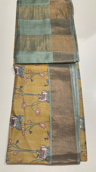 Handwoven gold pichwai print tussar silk saree  online and prestitched blouse