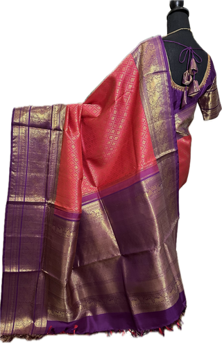 Pinkish Red Brocade kanjivaram silver zari with stitched blouse