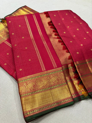 Pure kanchi red small checks butta kanjivaram silk saree with prestitched blouse