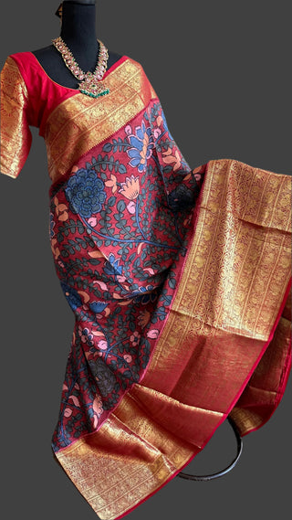 Pure pen kalamkari maroon  pure kanchi pattu saree pen kalamkari saree with blouse online usa