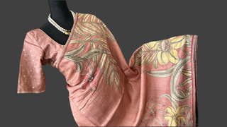 Pink Floral cut work embroidered printed Pastel Tussar silk sarees with prestitched blouse