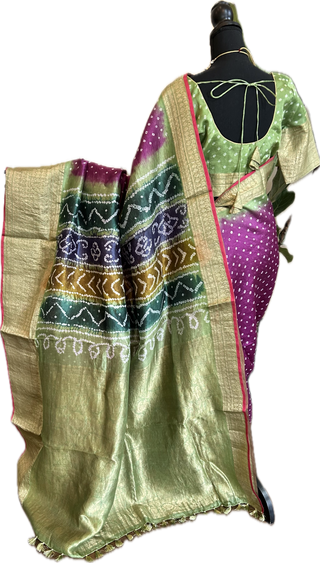 Purple Bandhini Silk Saree zari borders Withstitched  Blouse