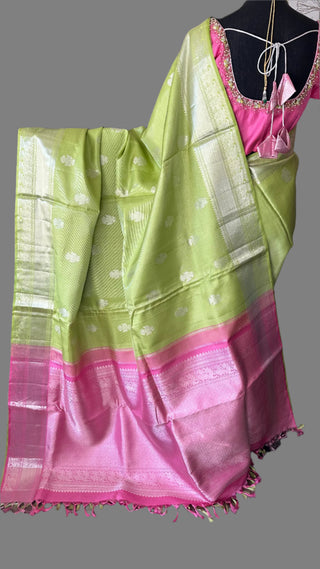 Lime green vaira oosi silver zari KANJIVARAM SAREE with Hand embroidered blouse