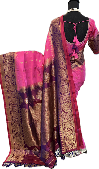 Pink Gadwal handwoven silk saree with embroidered stitched blouse