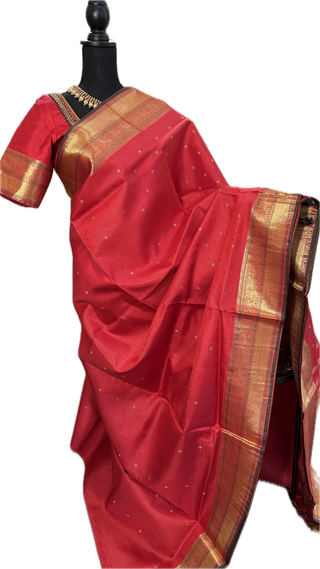 Pure kanchi red small checks butta kanjivaram silk saree with prestitched blouse