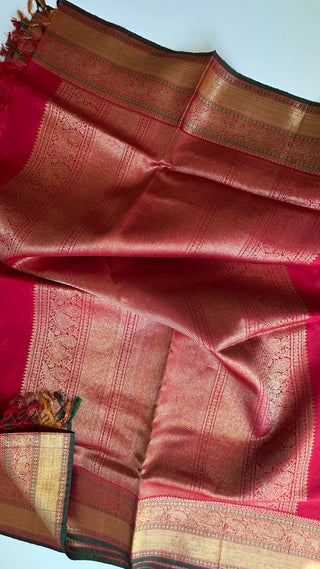 Pure kanchi red small checks butta kanjivaram silk saree with prestitched blouse