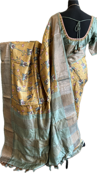 Handwoven gold pichwai print tussar silk saree  online and prestitched blouse