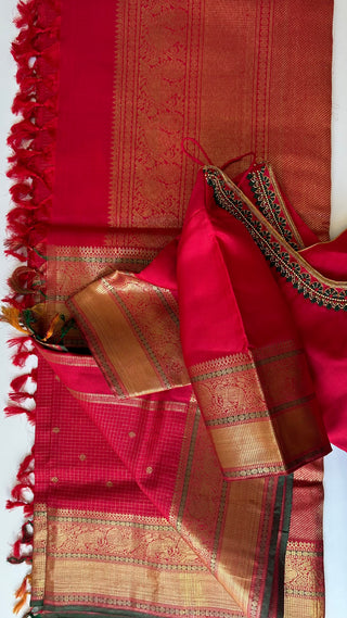 Pure kanchi red small checks butta kanjivaram silk saree with prestitched blouse